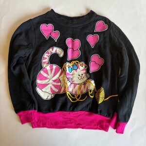 Vintage 90s Girls Athletic Works Cat Hearts Yarn Sweatshirt Black Pink Size 6